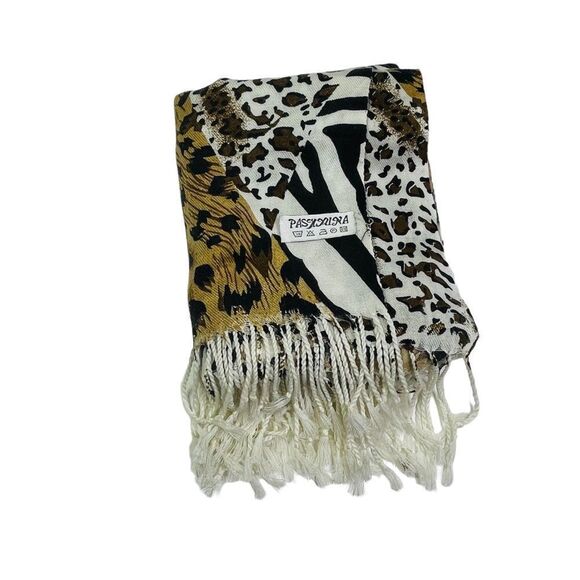 Pashmina White/Tan/Black Leopard Patchwork Fringe Scarf - Picture 6 of 11